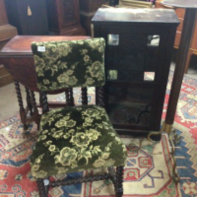A collection of furniture an oak drop leaf table a chair with barley twist supports a plant stand and music cabinet (4)
