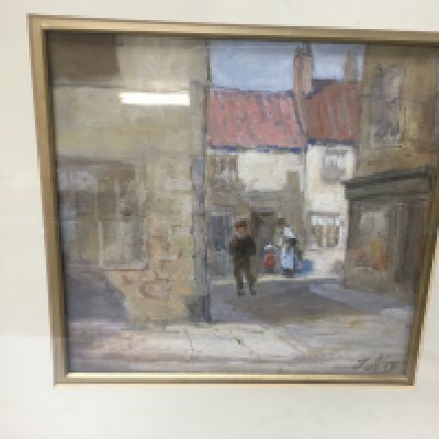 A framed watercolour by Jessie Hay of a street scene. 30x29cm Postage D