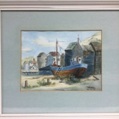 Three Jean Plouvier watercolours of scenes around Hastings, approx 42cm x 37.5cm. Shipping category D.