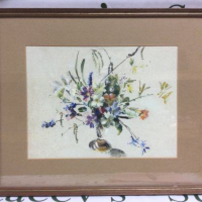 A framed and glazed Barbara Crowe watercolour of flowers in a vase, approx 41cm x 34cm including frame. Shipping category D.