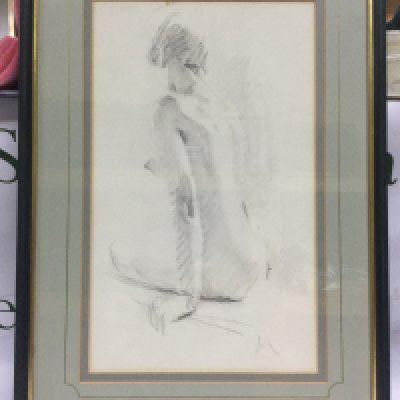 A framed and glazed Mike Coot life drawing in pencil, approx 39cm x 55cm. Shipping category D.