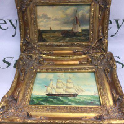 Two small gilt framed oil on board nautical paintings, one signed James Webb, the other monogrammed JW. Approx size 28.5cm x 23cm. Shipping category B.