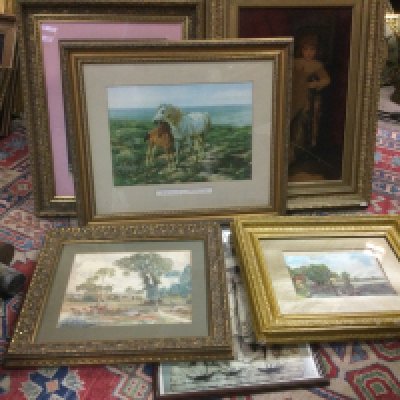 A box containing a collection of paintings and prints, various subjects. Shipping category D.