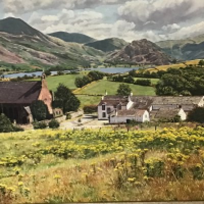 An oil painting on board 20th century rural view with a church and mountains The Lake District signed Michael Dent. 58x53cm