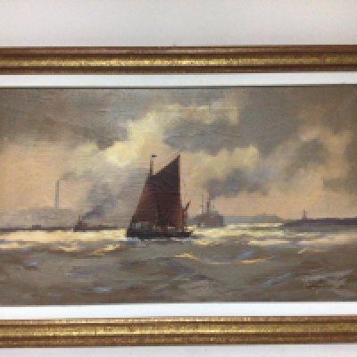 A framed oil painting on canvas study of a Thames Barge by Vic Ellis the reverse with a hand written inscription. 72x47cm