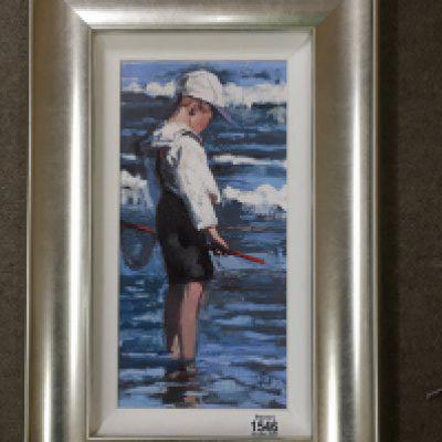 A silver framed Limited edition print depicting boy paddling with net, by Sheree Valentine Daines