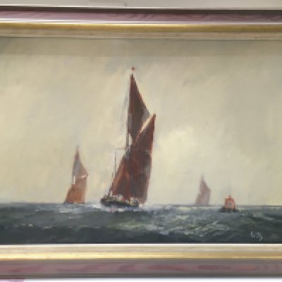 A framed Vic Ellis Thames barge oil on canvas painting. Frame size 91x65cm This lot cannot be posted