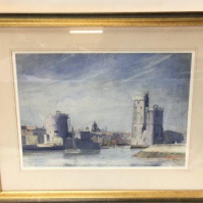 A framed watercolour of The Old Port by Marseille by William Edward Wiley (1880-1943) together with an etching by J M Bell . This lot cannot be posted