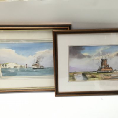 Framed watercolour paintings by Basil Emmerson, one of a windmill and the other of a steam boat at sea. This lot cannot be posted