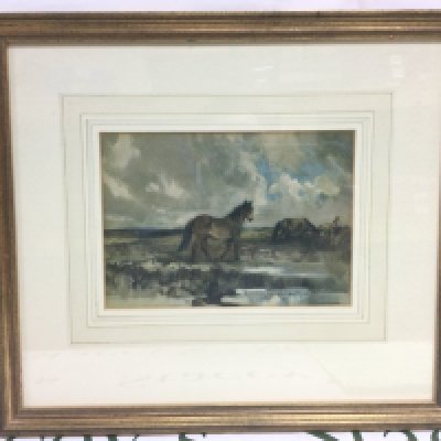 A framed and glazed watercolour study of moor ponies, approx 40cm x 35cm. Shipping category D.