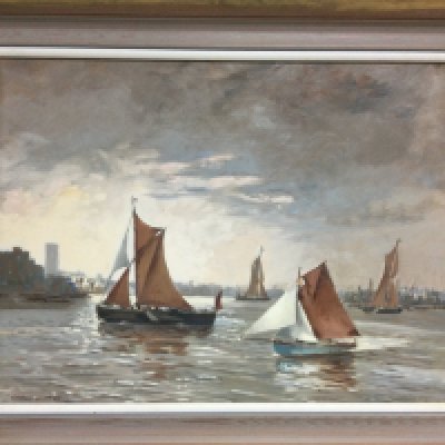An oil on board painting study of sailing boats on the Thame, approx 74cm x 59cm. Shipping category D.