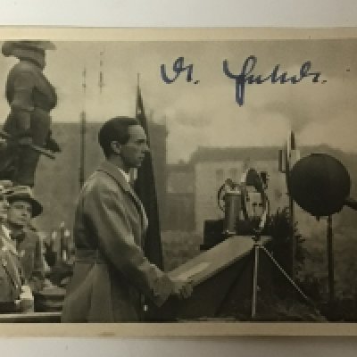 A rare German Third Reich signature GOEBBELS JOSEPH: (1897-1945) German Nazi politician who served as Reichsminister of Public Enlightenment and Propaganda 1933-45. Goebbels committed suicided on the 1st May 1945 in Hitlers Vorbunker Berlin He also murdered his six children. Signed on a promotional printed paper the reverse with printed text.