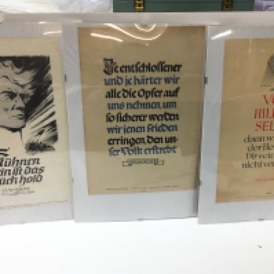 Three WW2 German NSDAP propaganda posters with quotes from Clausewitz and Hitler. This lot can be posted without their frames, postage category B