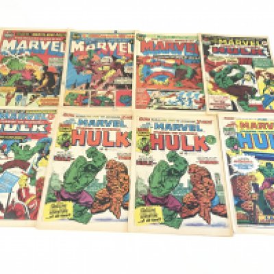 A box containing approximately 140 1970's marvel comics. Consisting of The Incredible Hulk and Planet of the Apes, including a first issue planet of the apes.