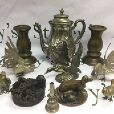 A WMF teapot and other metalware and resin items.