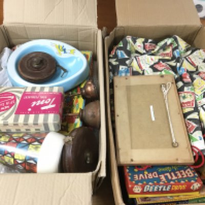 A collection of vintage items including an oval landscape painting, knitting needle vase, baby Cham plastic ashtray, two large trays, clown game, vintage pictures etc