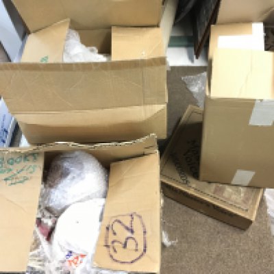 A collection of vintage items including a poodle lamp, art deco glass shades, glasses etc