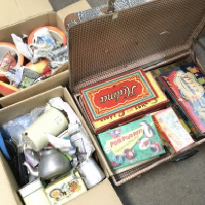 A collection of boxed vintage board games and childrens toys and kitchenware