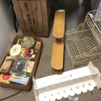 A collection of vintage boxes and tins, a washstand etc