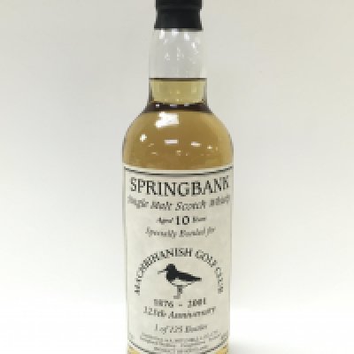 A bottle of Springbank single malt scotch whisky aged 10 years, specially brewed for the 125th anniversary of the Machrihanish Golf Club. 1 of 125 bottles. This lot cannot be posted
