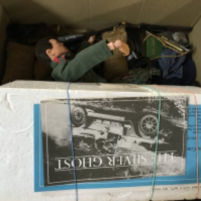Action man figure with accessories and a boxed silver ghost model car , some damage