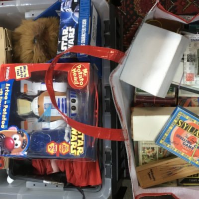 A collection of toys including boxed Star Wars Mr Potato head and a talking character plush, boxing puppets, collection of playing cards etc