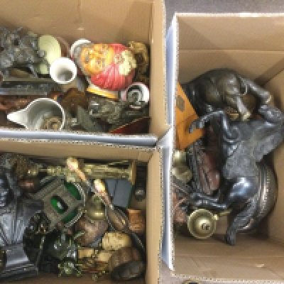 Three boxes of assorted oddments comprising brass, silver plate and ceramics. Shipping category D.