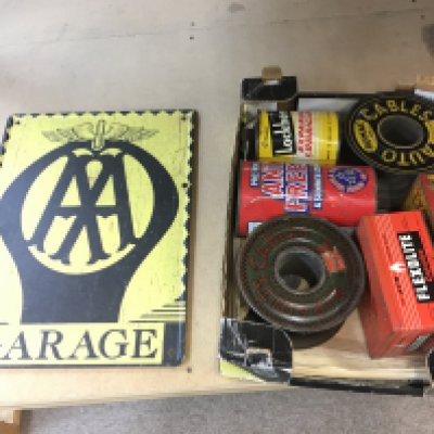 Two round autocable tins, Lockheed lubricant and tin AA sign