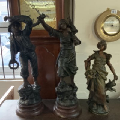 3 large late Victorian spelter figurines. 58cm.