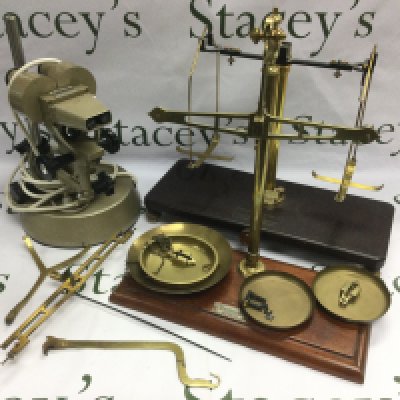 A vintage Prior binocular microscope and two sets of beam balance scales (3). Shipping category D.
