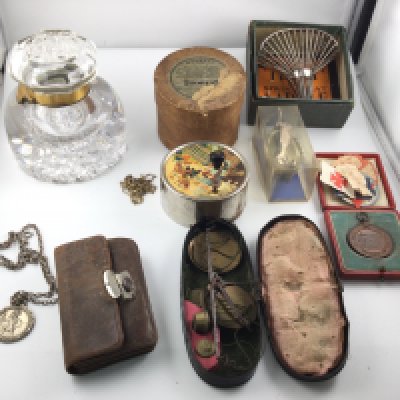 A mixed lot including a Terry Sprung seat a set of sovereign scales silver medallion on chain an ink well etc. Postage B
