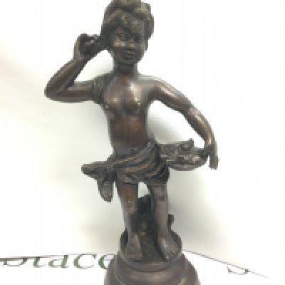 A bronzed figure of a young boy raised on a circular base, approx height 42cm. Shipping category D.
