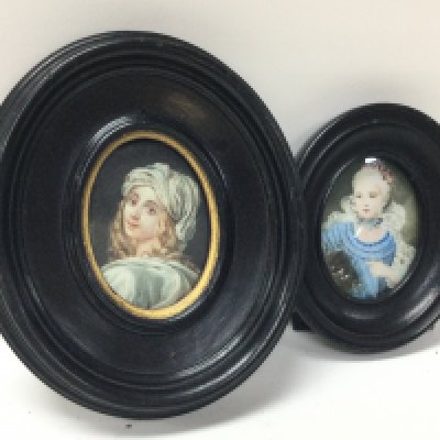 Small miniature painting of a young lady together with a smaller child in a period dress. 10 and 14cm tall. This lot cannot be posted