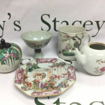 Five Oriental ceramic items comprising a teapot, octagonal dish etc. Shipping category D.