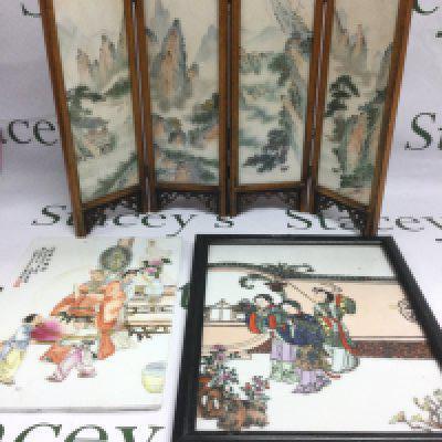 Two ceramic hand painted Oriental panels and a small screen with four ceramic panels. Largest panel approx 33.5cm x 26cm. Shipping category D.