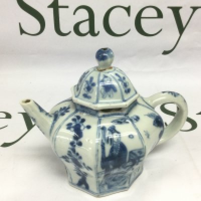 A small blue and white teapot decorated with various figures, approx height 11.5cm, some damage. Shipping category D.