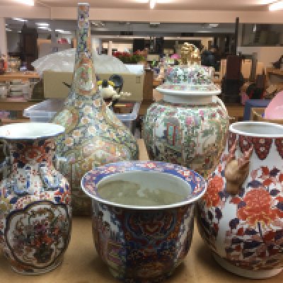 A large famille rose jar and cover, floor vase and three other vases (5). Shipping category D.