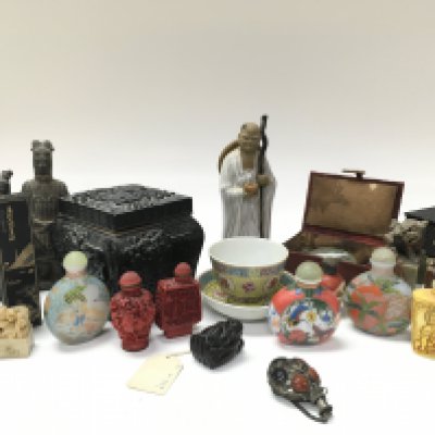 A collection of Chinese items including Snuff bottles, a Japanese wooden Netsuki of a monkey in the palm of a hand, marble fu dogs etc. this lot cannot be posted