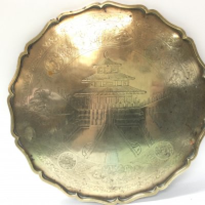 A Japanese brass tray with Pagoda design, dimensions 40x40cm .postage category C