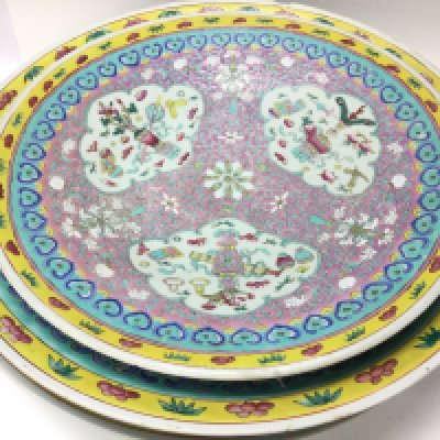 Three Chinese Republic period porcelain large yellow, pink and blue dishes. With stands. Ranging from 40cm and 47cm wide. Chips seen on plates, This lot cannot be posted