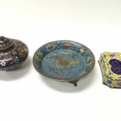 A Chinese cloisonne dish and an enamel dish and box.