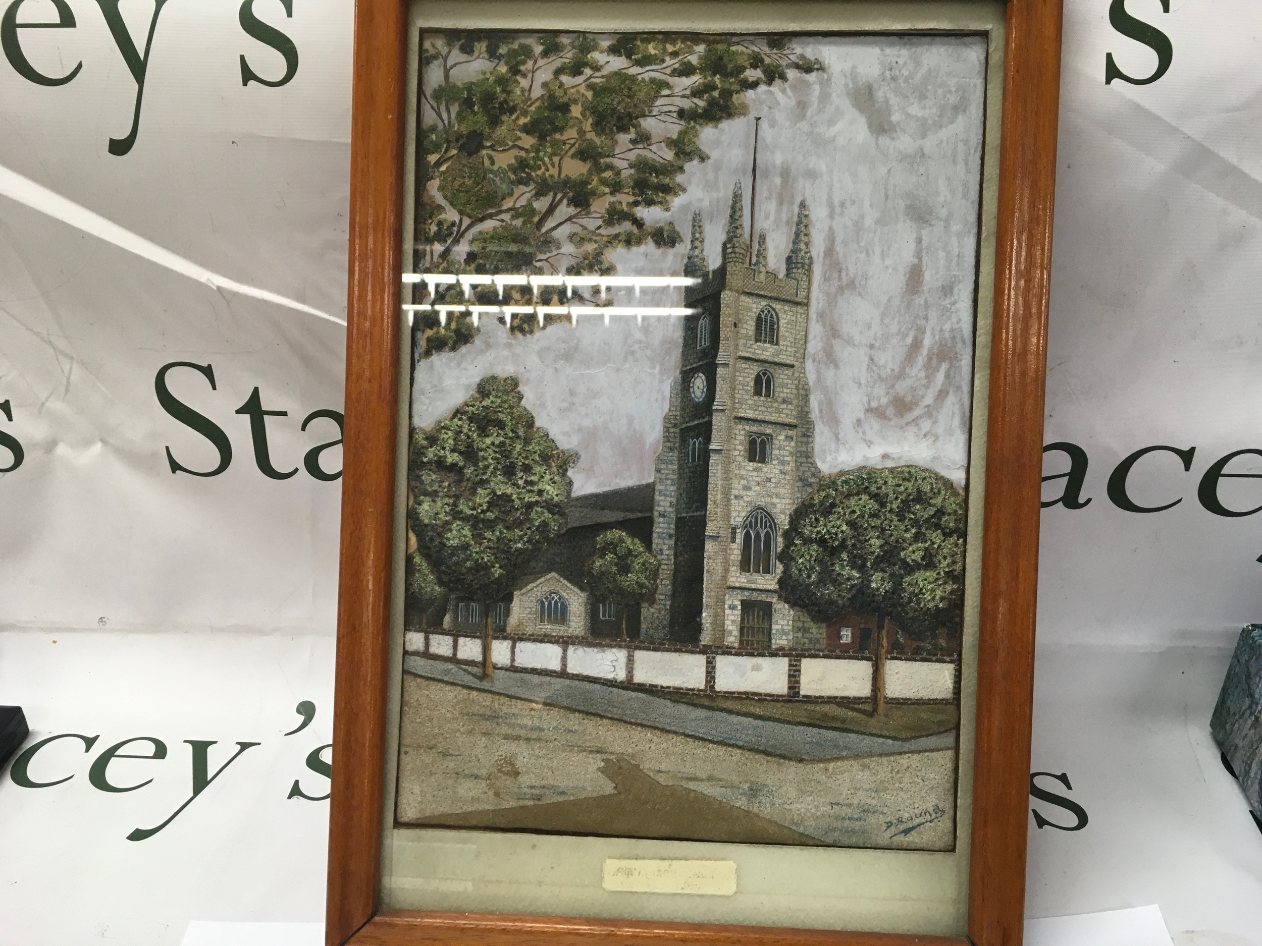 Framed picture titled Prittlewell Church done with sand. 
16.5 inches by 11 inches 