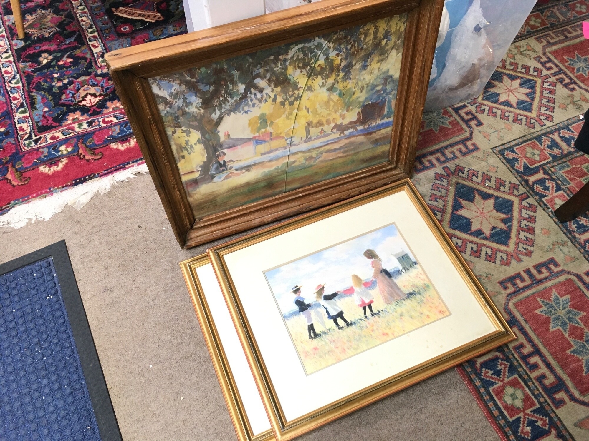 Three framed pictures including a watercolour by Jean Alexander (frame dimensions 55x45cm ) pastel pictures including two by James Tytler of children in a field and beach scene NO RESERVE