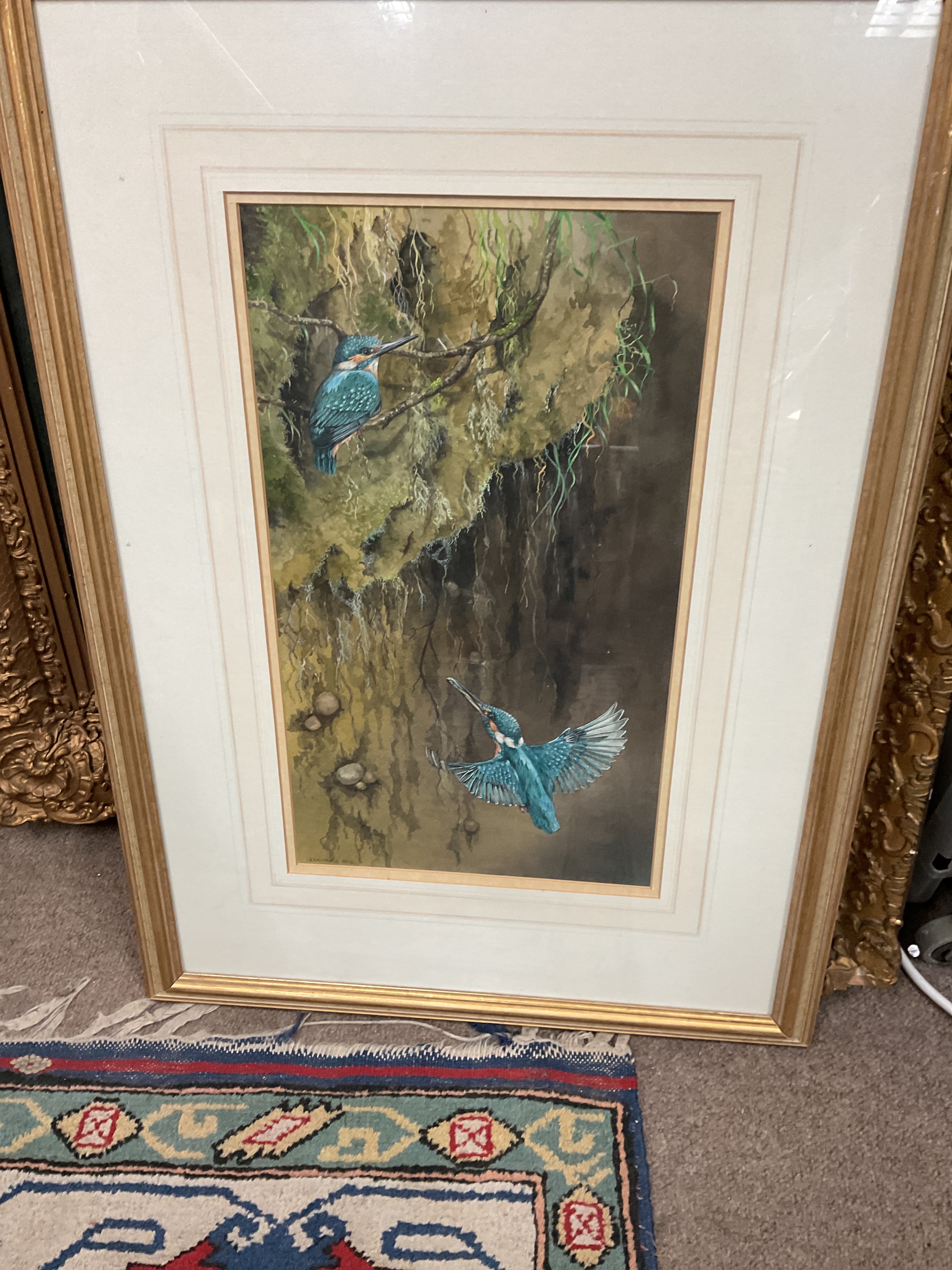 Jennifer A Bell signed watercolour of two Kingfishers with natural habitat to the foreground. H 44 cm x W 25 cm, framed and glazed signed lower left.