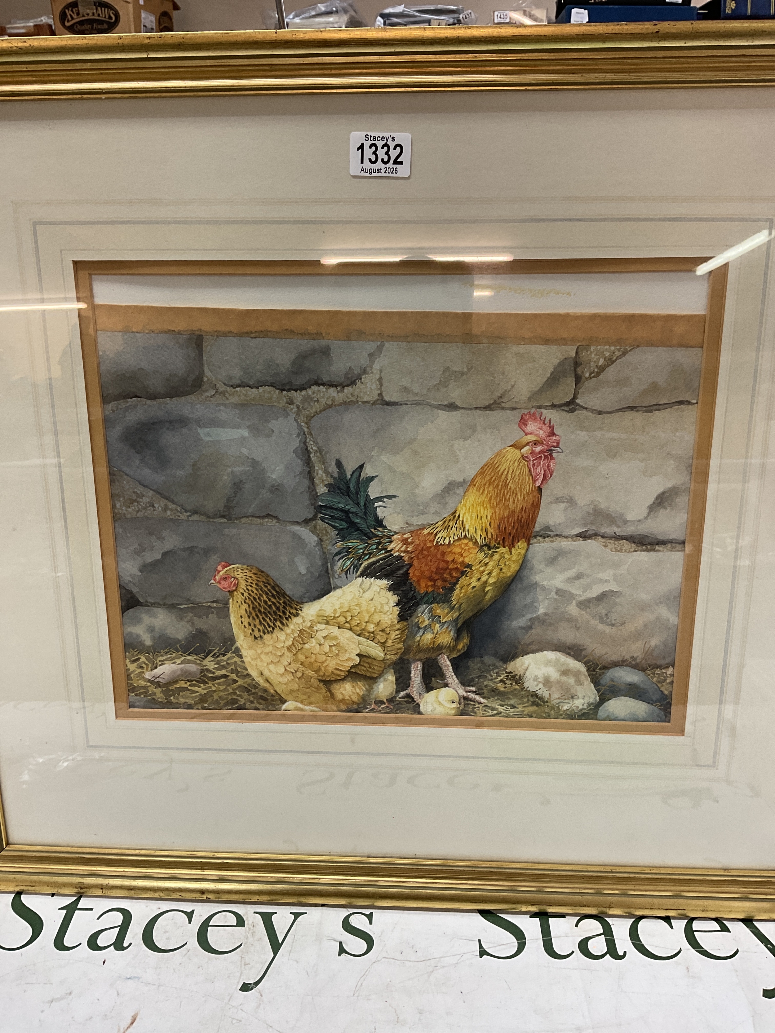 Jennifer A Bell watercolour of a Cockerel, hen and chicks, h 32 cm x W 40.