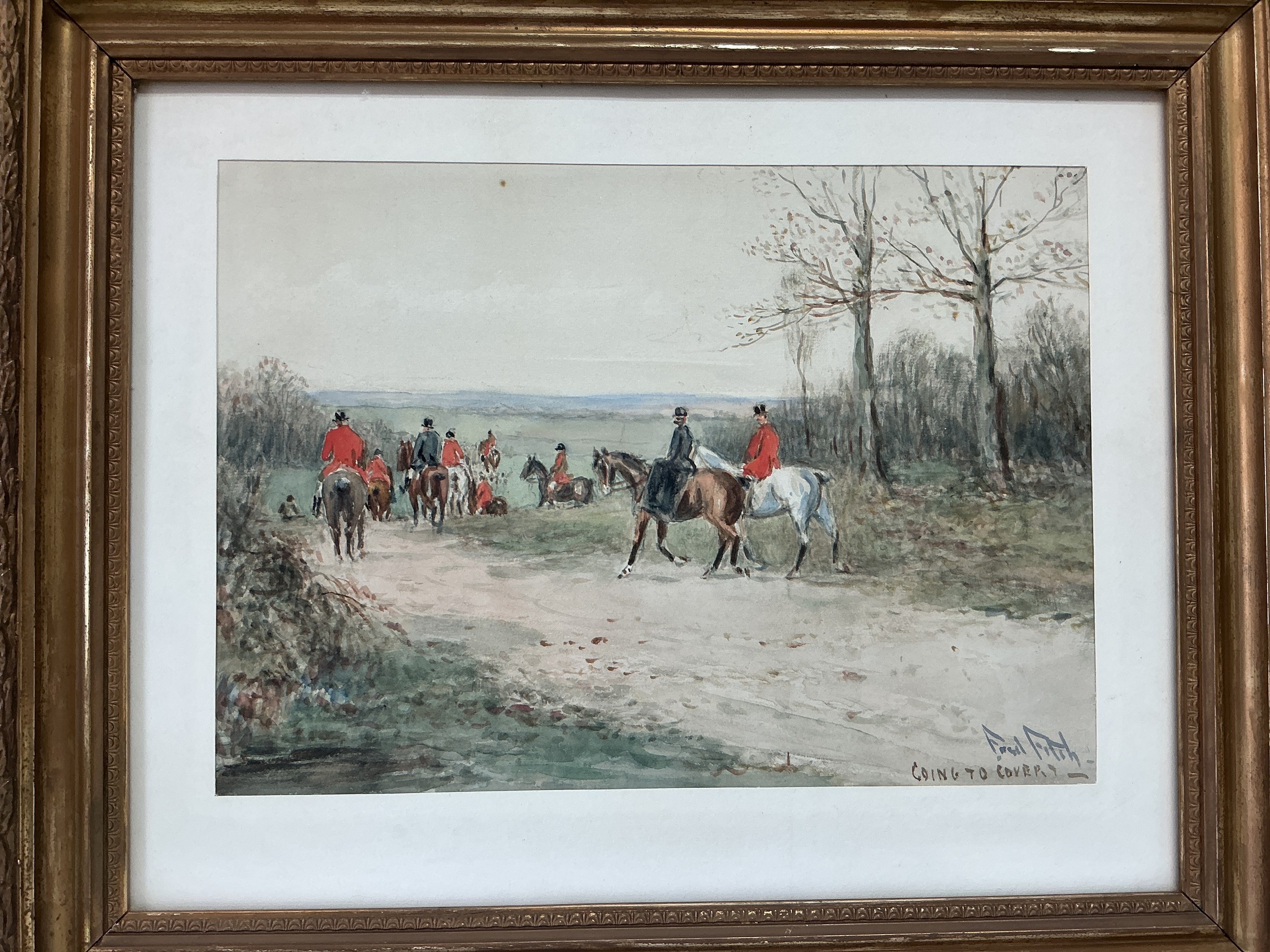 A gilt framed watercolour titled Going To Cover by Fred Frith, approx 50cm x 42cm.
