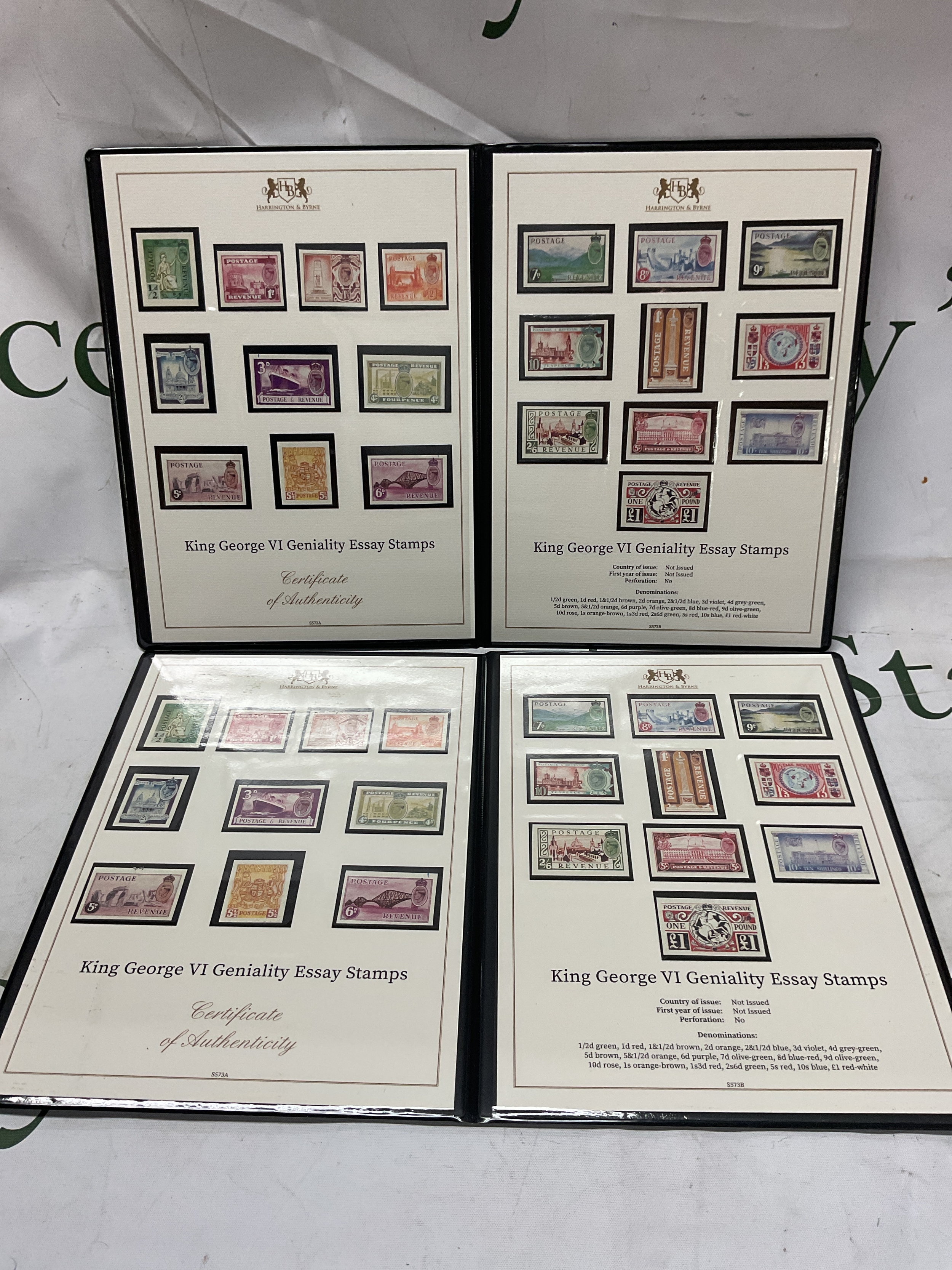 Two Harrington and Byrne King George VI Geniality Essay Stamps folders.with certificate of authenticity.