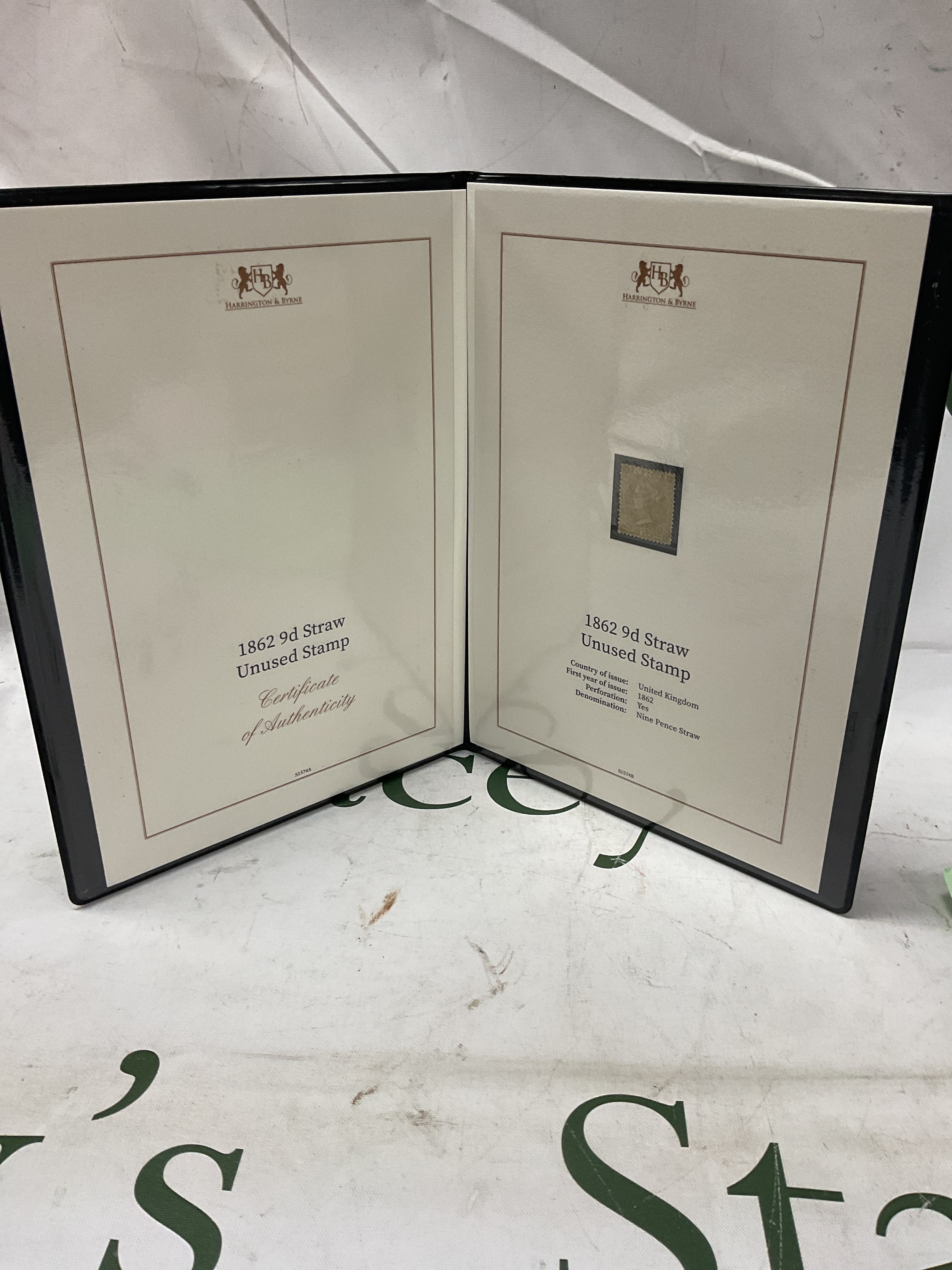 rare Harrington and Byrne 1862 9d straw unused stamp in folder and certificate of authenticity.