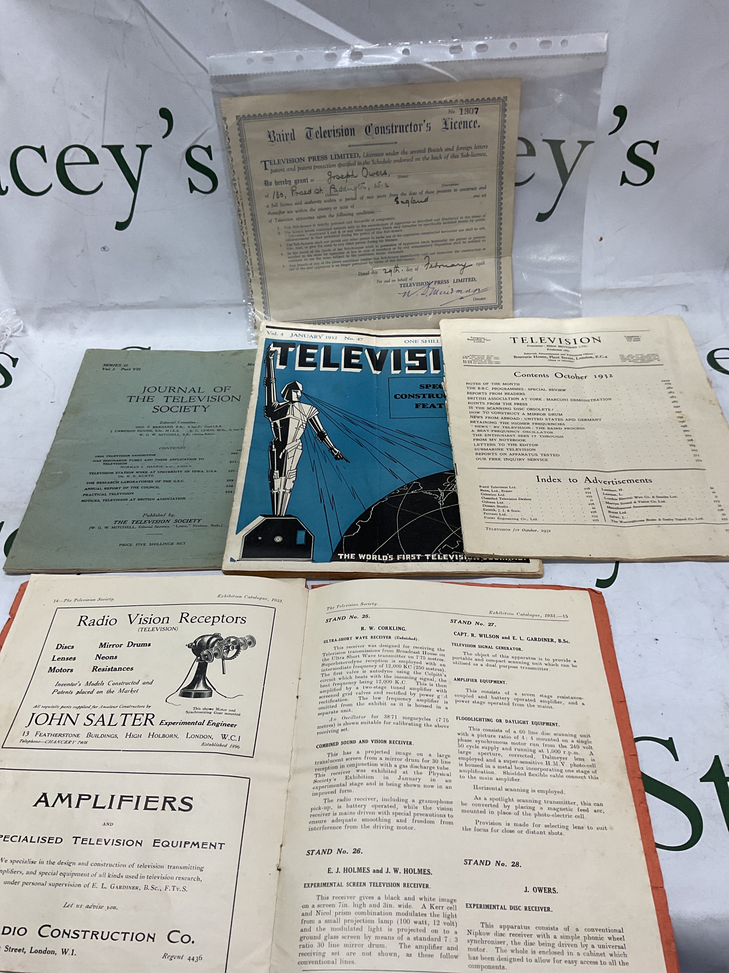 Baird Television Constructors Licence,number 1307, to Mr J Owers, 1928. Along with pamplets and magazines which feature Mr Owers invention of a Nipkow disc receiver, he is featured in the magazines.