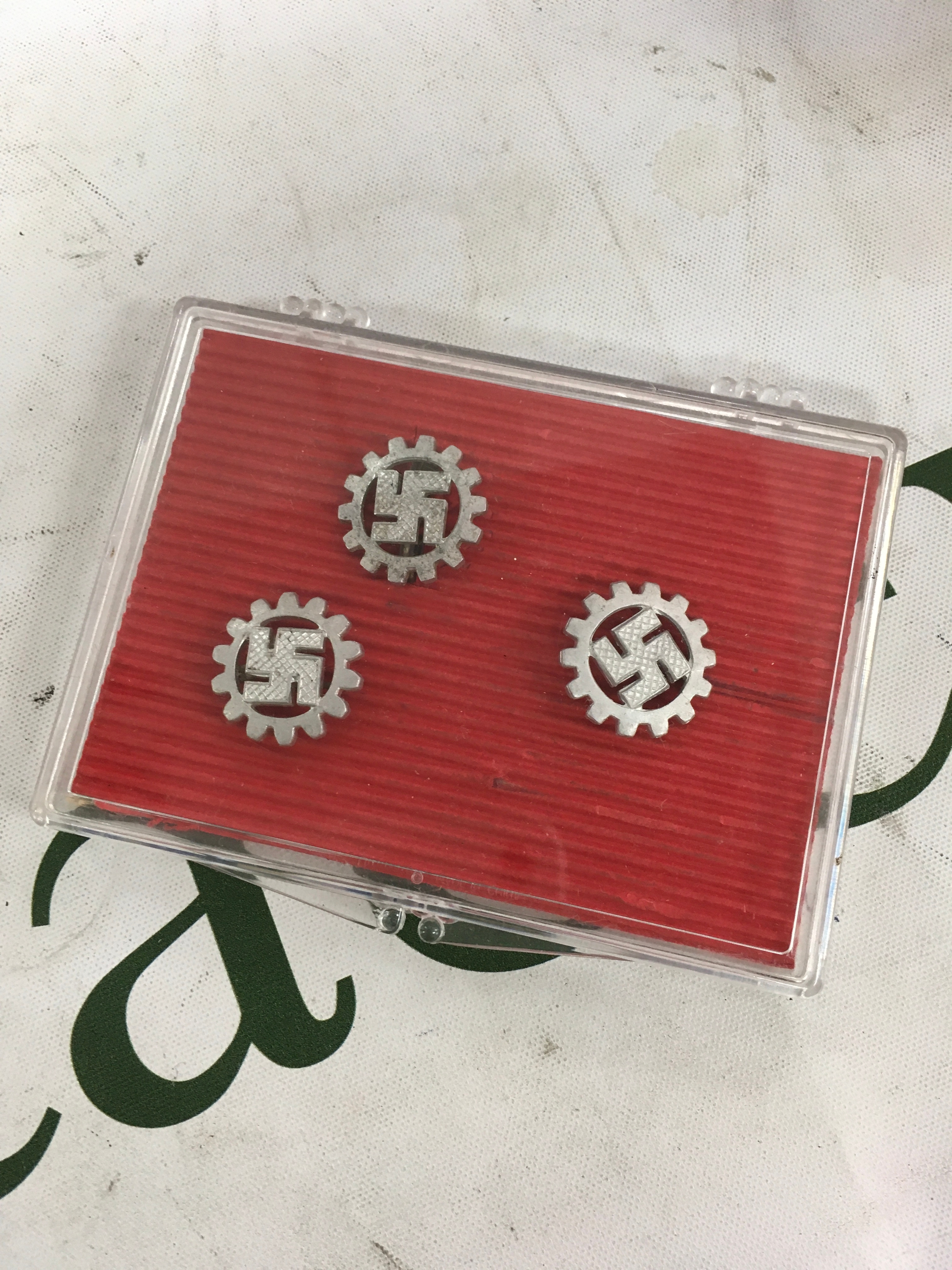 3 German labour front badges , pins all maker marked.